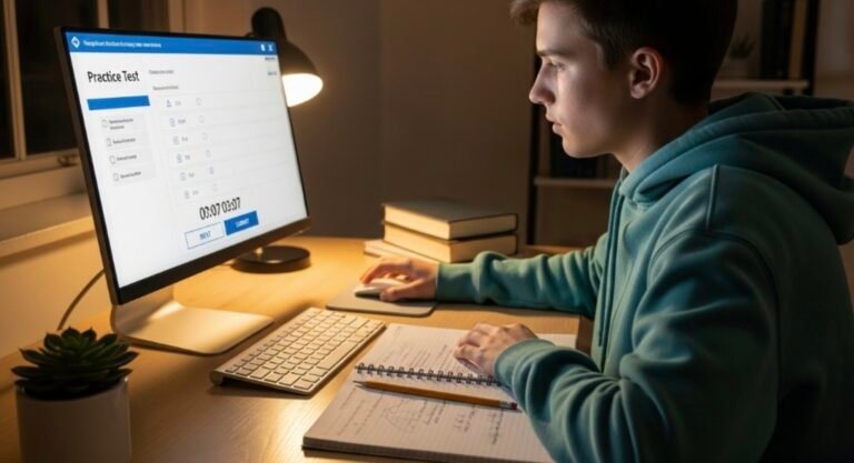 A student sits at a desk, intently focused on a computer screen displaying a practice test. A pen and open notebook are beside the keyboard, suggesting active preparation.